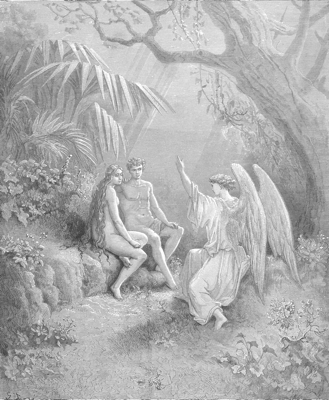 Adam et Ève avec l’ange, gravure de Gustave Doré.